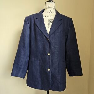 L.L.Bean linen blazer jacket navy blue three button womens 14 petite